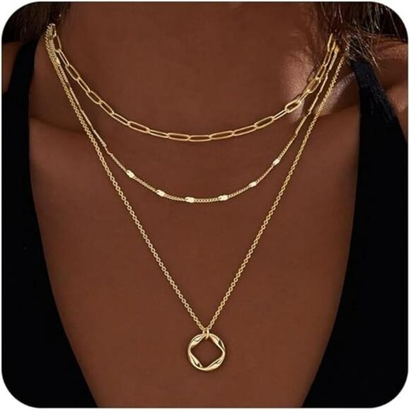 Layered Gold Necklace Set Dainty Paperclip Chain Cross Circle Pendant Jewelry - Picture 8 of 8